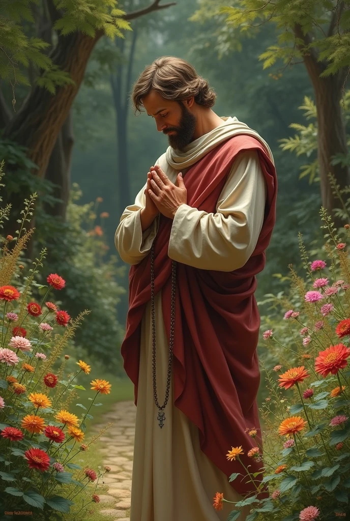 Saint Joseph praying the rosary standing in front of a garden