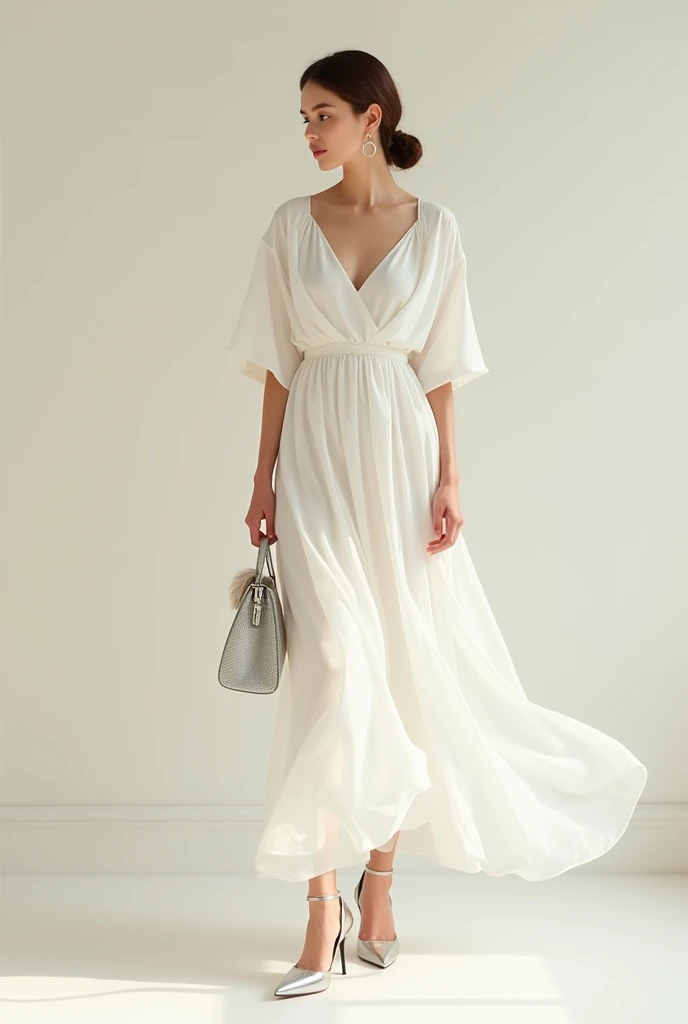 Long white cotton maxi dress cut half sleeves with silver pump heels and small handbag