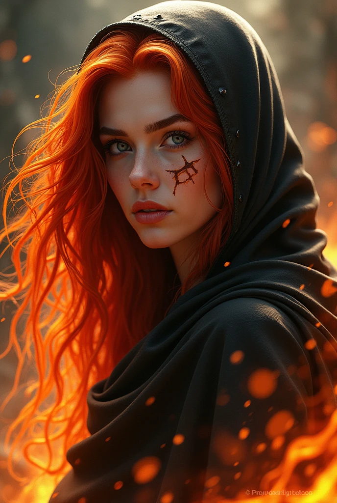 Painting of a woman with red hair and a hoodie, fire, scratch on face, beautiful character painting, red haired goddess, graphic artist magali villeneuve, alena aenami and artgerm, fantasy concept art portrait, female redhead templar, Artgerm Craig Mullins, charlie bowater character art, magali villeneuve', charlie bowater rich deep colors, gorgeous digital painting