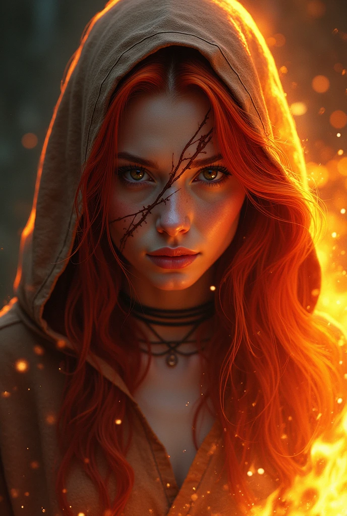 Painting of a woman with red hair and a hoodie, fire, scratch on face, beautiful character painting, red haired goddess, graphic artist magali villeneuve, alena aenami and artgerm, fantasy concept art portrait, female redhead templar, Artgerm Craig Mullins, charlie bowater character art, magali villeneuve', charlie bowater rich deep colors, gorgeous digital painting