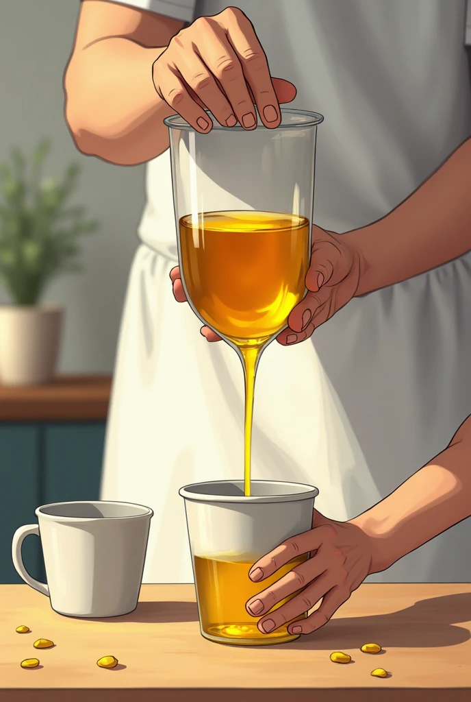 Draw the brother with the 5-liter cup pouring oil into the 3-liter cup until it's full