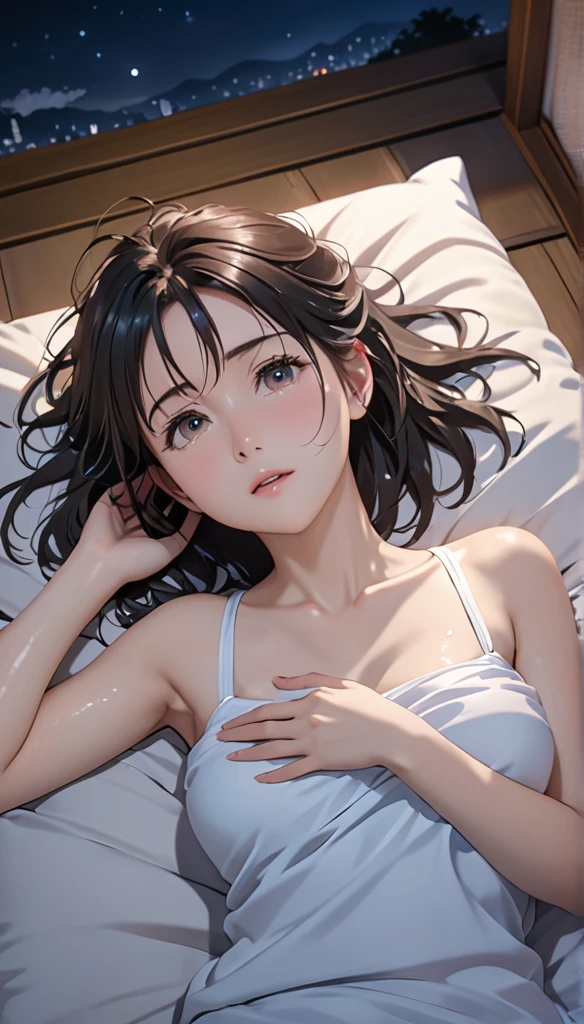 masterpiece, High resolution, figure, Kyoto Animation Style, Your Name Movie Style, night, mid-night, Light, (1girl:1.3), (alone:1.4), Long eyelashes, messy hair, medium hair, futon, Lying down, (covering chest by hand), (((in heat, aroused, wishful))), ideal ratio body proportions, sagging breasts, from above, looking up at viewer, {{{{vulgarity}}}}, sweaty, armpits