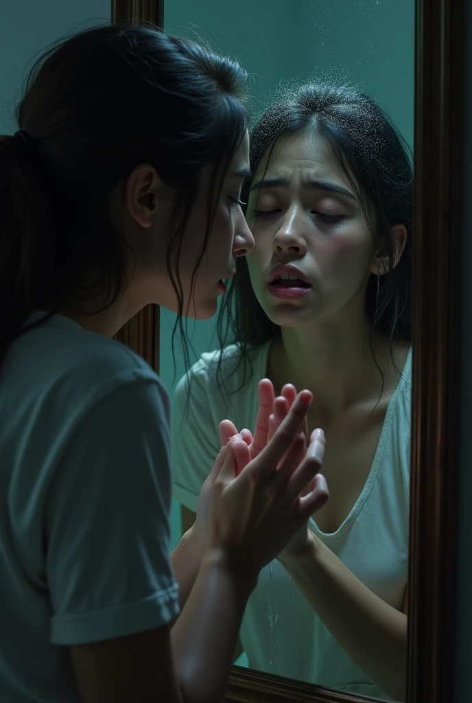 Woman crying, talking to her reflection in the mirror