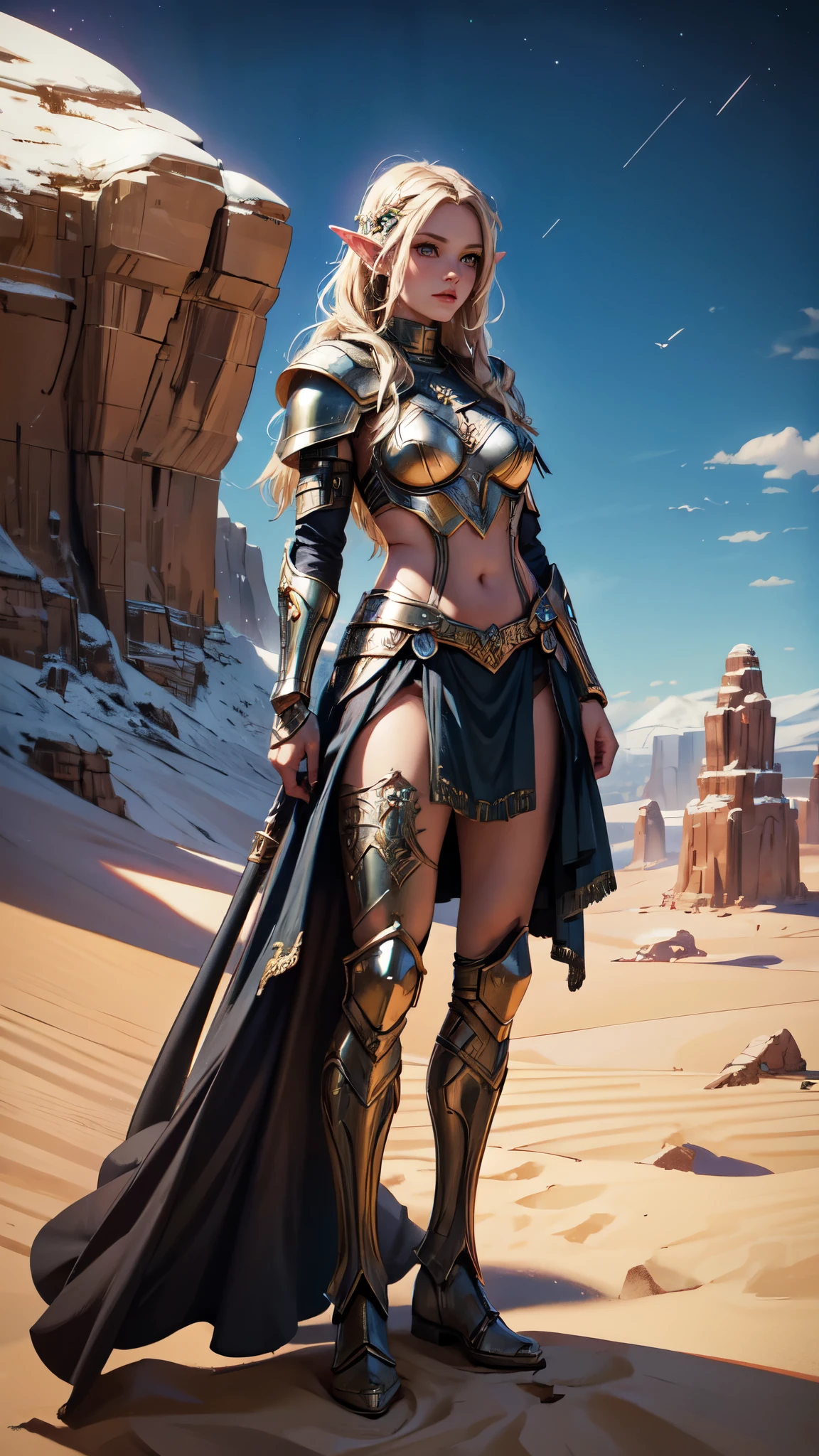 Asgard，valkyrie，Lady Knight，anatomical correct，epic fantasy digital art，tmasterpiece，8k，high-definition resolution，detailed drawing，Quality Superior，, Epic composition,
desert detailed outdoor background,etalid dace,detailed hands,elf woman,full body,detailed eyes