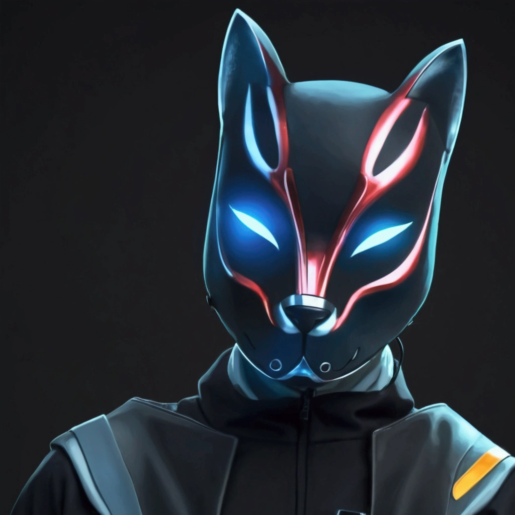 Young male spy with a black cat mask, wearing a technological spy suit and a metallic staff as a weapon