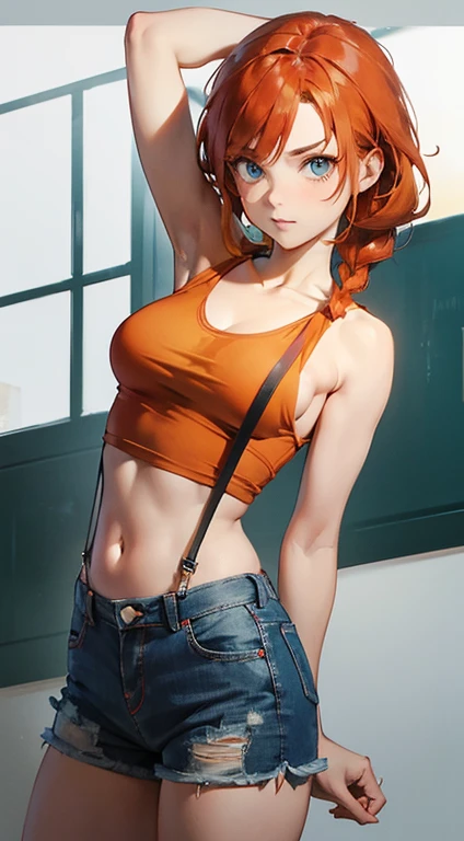 realistic, 1 women, best quality, 12k, HD, long hair, big round breasts, cleavage, ponytail, necklace, jewelry, shorts, short jacket, slim hips, hair tie, yellow eyes, orange hair, super detailed, Eye details, hair details, person details, mouth details, face details, breast details, clothes details, hair details, pants details, hand details, whole body