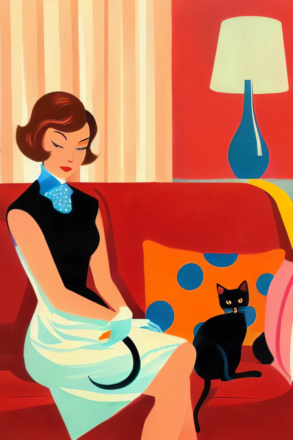 painting of a woman sitting on a couch with a cat, woman and cat, 1950s illustration style, by Pat Adams, mid century art, by Evelyn Abelson, brittney lee, by Paul Feeley, inspired by Yvonne Jacquette, by Yvonne Jacquette, by Dahlov Ipcar, mid century modern cartoon style, with small cat on lap