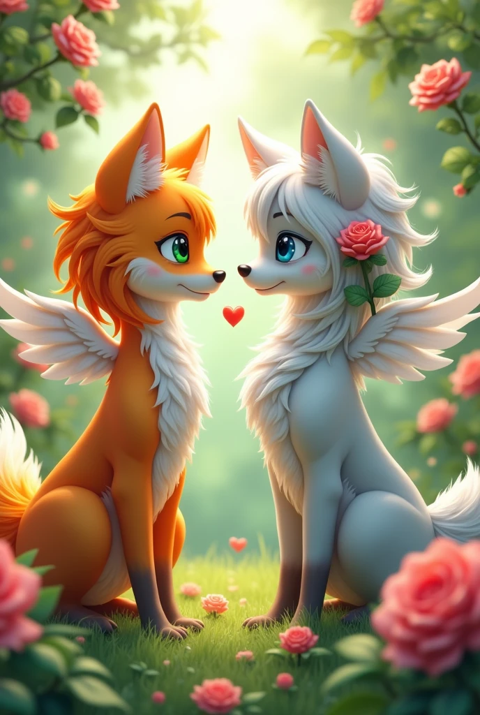 A person with fox ears and a fox tail, with orange hair, green eyes, with white wings and a rose in their hair und ein Mensch mit Wolfohren und Wolfschwanz, with gray-white hair, blue eyes, with white wings and a rose in their hair, the Demis look very human and rose bushes are in the background
