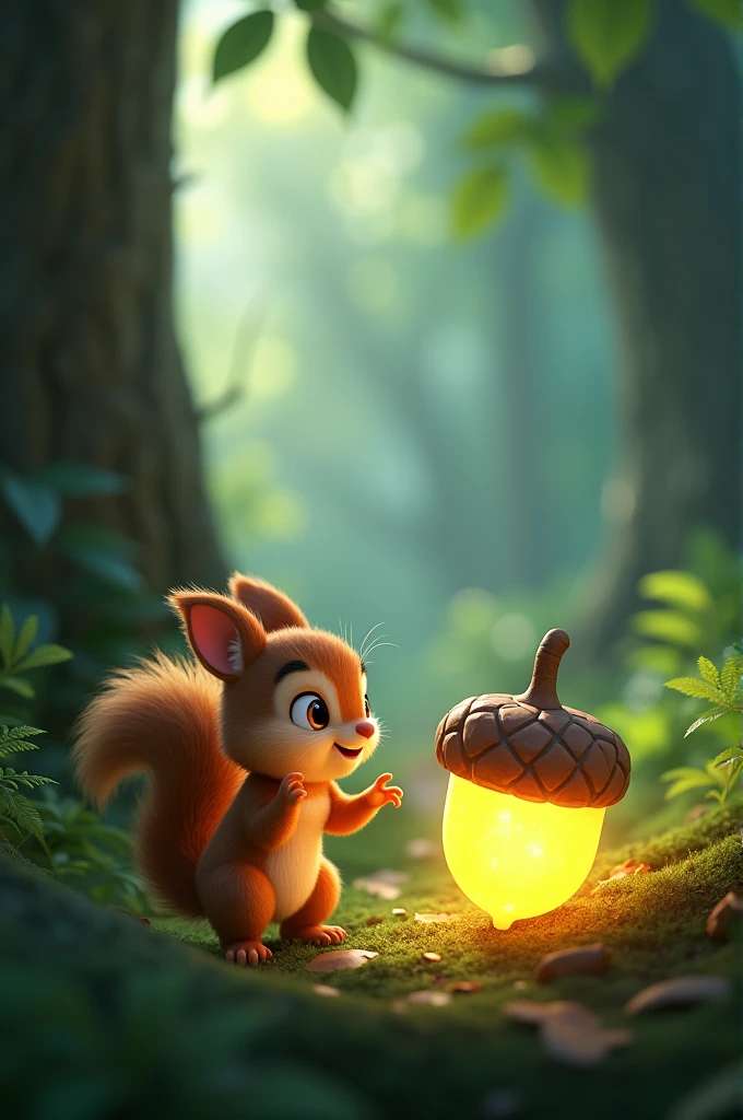 Need provide animated picture "Describe the moment when Milo, the tiny squirrel, discovers the glowing acorn in the forest and realizes it’s magical.