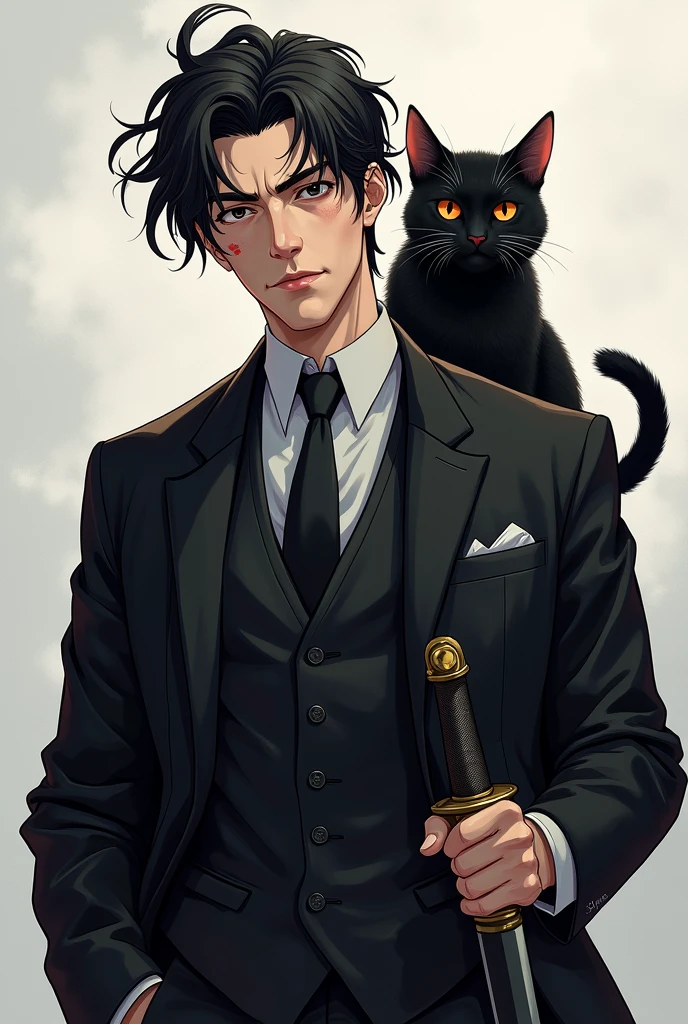 A man with messy black hair, mature face, but with a relaxed expression, a bruise below the left eye, eyes with dark pupils (Altogether) wearing a black suit, he wears a sword and has a black cat. make anime style