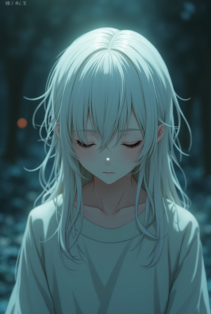 Dying boy with long white anime hair