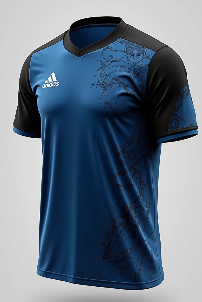 Dark blue team shirt with some black details on the sleeves and rings, put some drawings on it