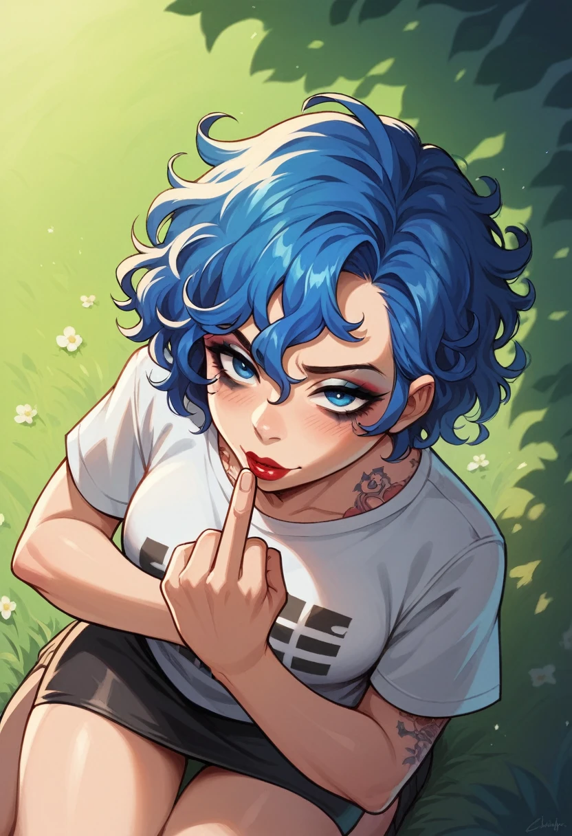 Anime style, 1women, on knees, blowjob, seductive expression, showing middle finger with both hands, bright red lips, sexy tattoo on hand, neck and lap brunette, black and blue multi colored hair, short hair , wavy hair, messy hair, curly hair, black eye liner, blue eye shadows makeup, beautiful detailed blue eye, white t-shirts, black short flowy line skirt, sexy neckline, large neckline, standing in a park