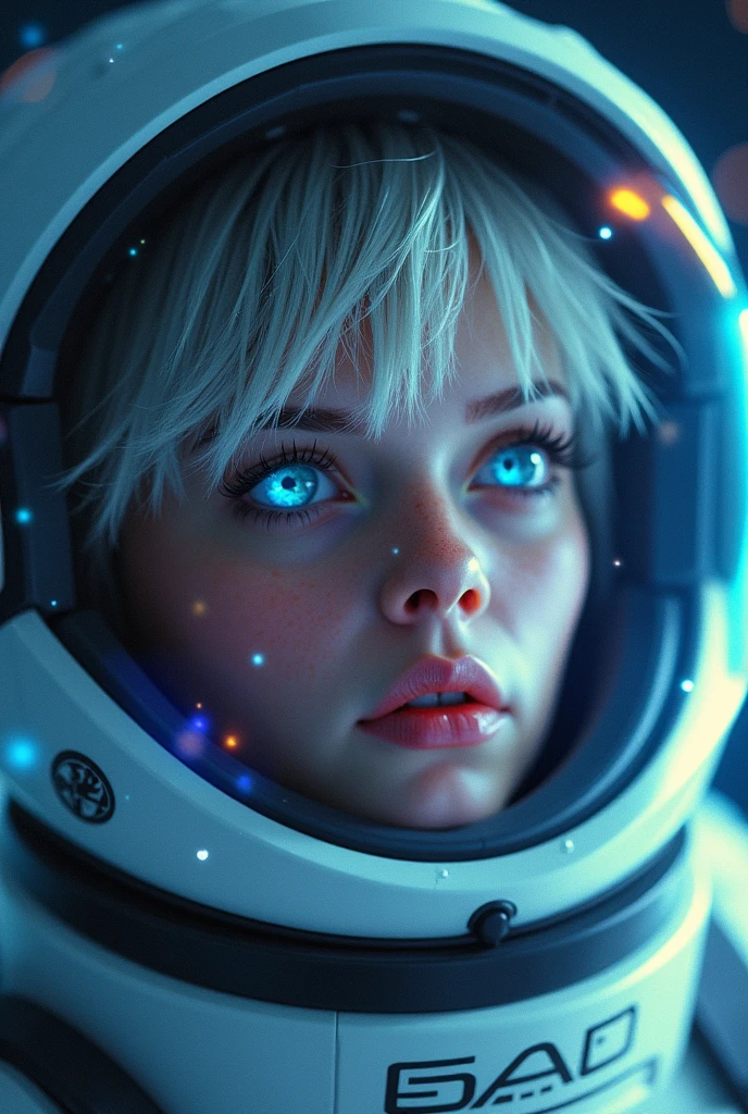 (Close-up of a better masterpiece:1.5)0.9], (Space and astronauts:1.2) (Messy silver hair:1.1) (Heterochromia xanthochromia and blue eyes:1.2) (Space Helmet:1.0) (Colored stars in the eyes:1.0) (A radiant glow:1.1) (thick lips:0.9)