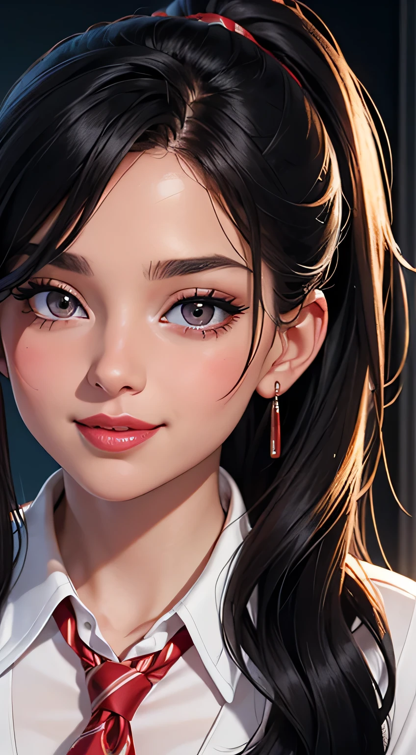 Amazing portrait of a woman who is 30 years old and an adult and a sexy coworker with her black hair in a long ponytail with seductive and charming eyes and her mouth parted in a seductive and dazzling smile with a very deep blush and the tip of her nose is red wearing a white shirt and blue striped tie layered with a red sweater and paired with a black miniskirt during night time with soft lighting showcasing her red lips and her beautiful face in detail and close up