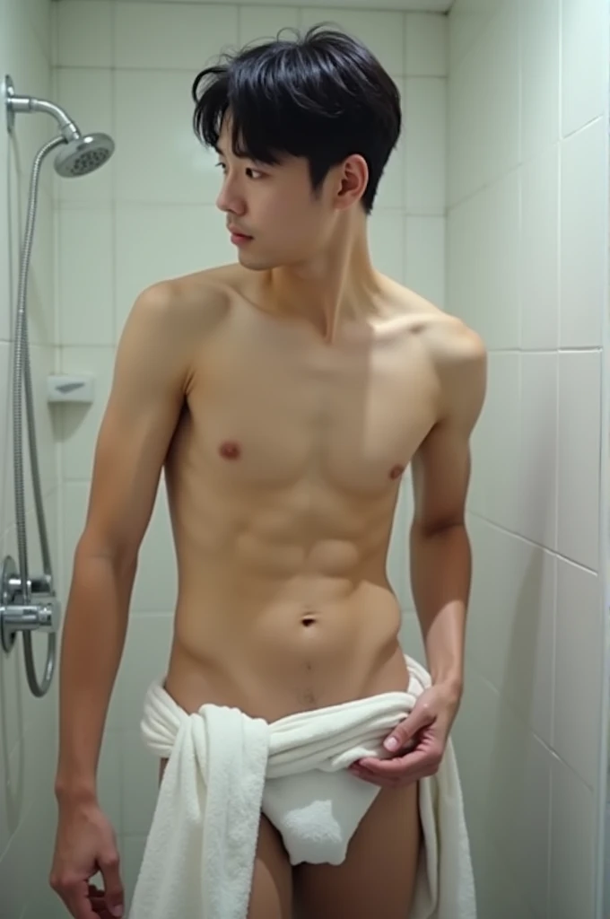 korean boy, hairless, Unclothed, in the shower, almost exposed , towel covering part