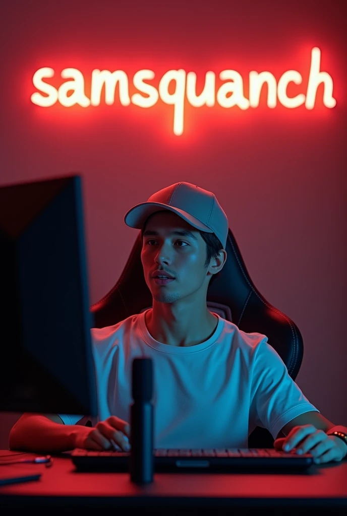 A young man with short hair and a light baseball cap is speaking into a microphone. He is seated in a gaming chair with a neutral background featuring a dimly lit room. A neon sign that reads samsquanch is visible above him. He appears engaged and relaxed.