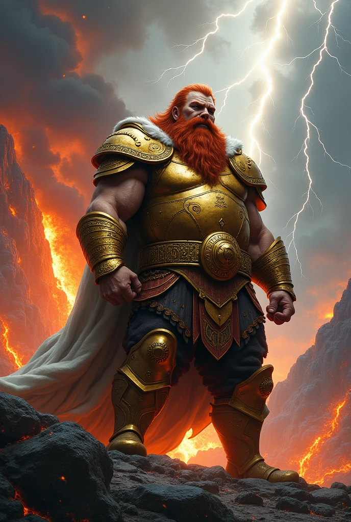 Red-haired and bearded dwarf warrior, fatter, with golden ancestral armor . Facing Thor, God of Norse Mythology, in the background a flaming mountain, with the volcano, lightning crossing the sky