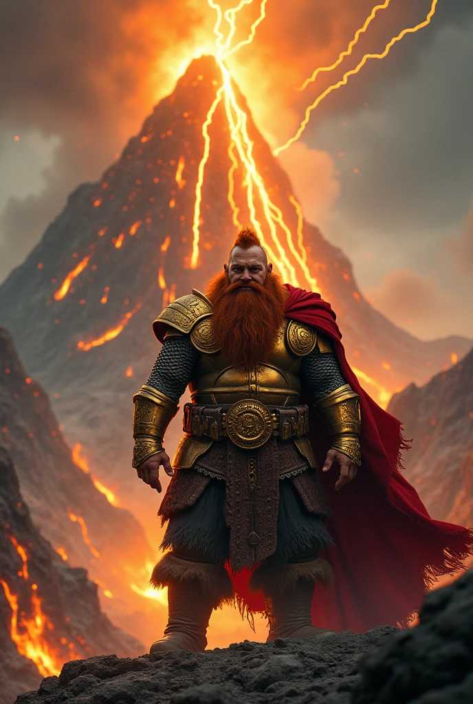 Red-haired and bearded dwarf warrior, fatter, with golden ancestral armor . Facing Thor, God of Norse Mythology, in the background a flaming mountain, with the volcano, lightning crossing the sky