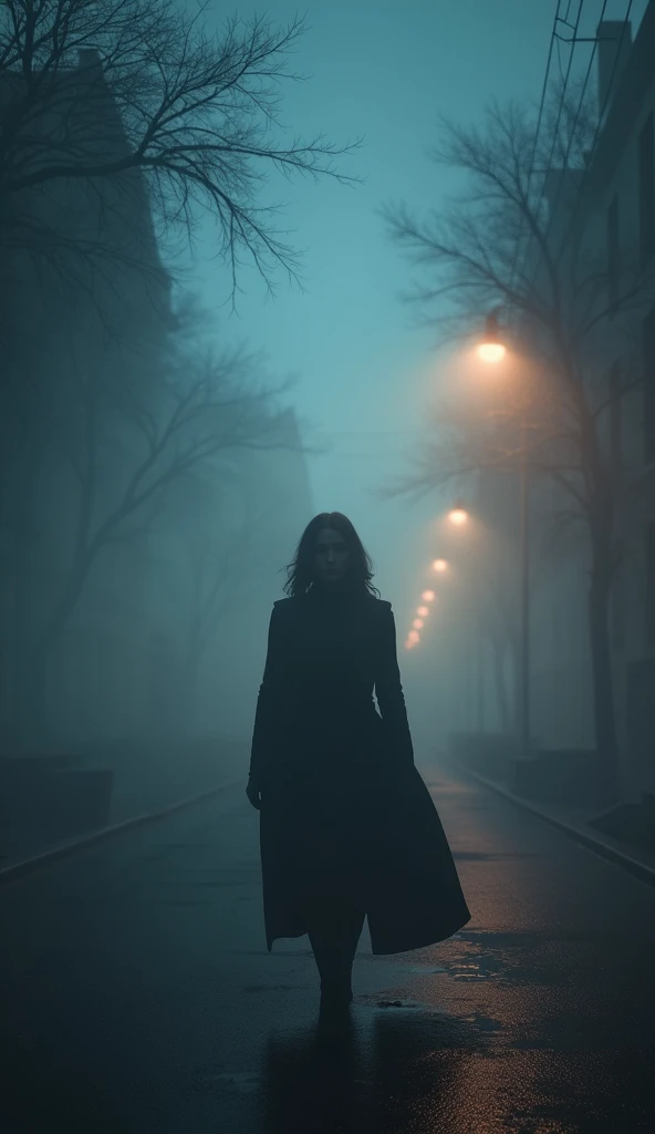 (Mysterious fog:1.5), (Thick Fog:1.2), Marvel's Black Widow in a dark street, night, fog, mysterious mist, artificially very smoky street, lights from lamps piercing through the smoke, shading effects, gradation effects