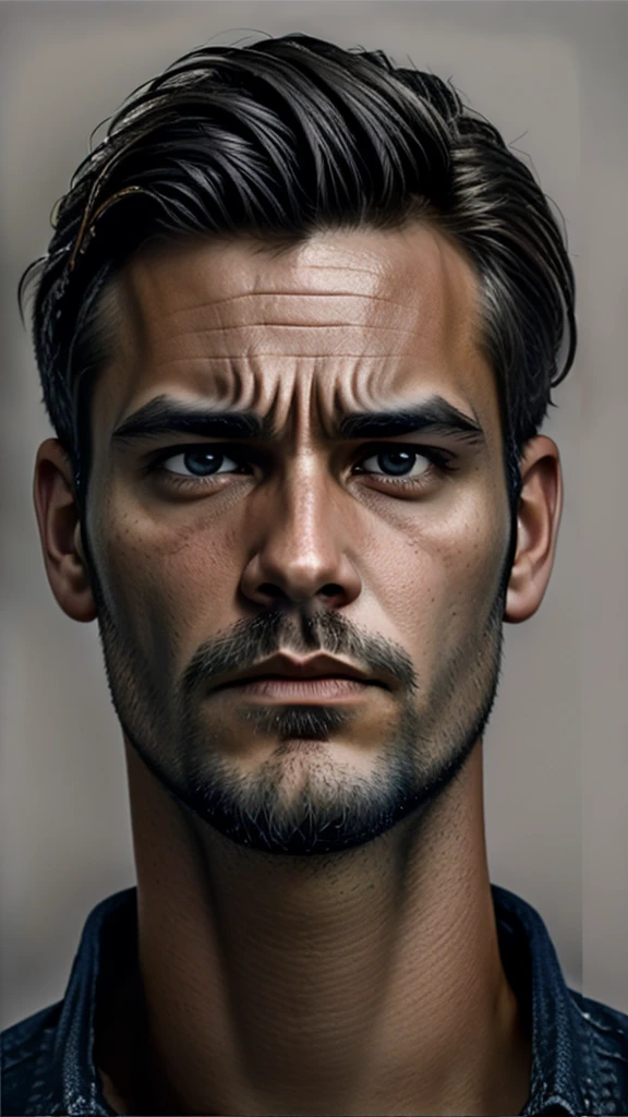 A close-up image of a serious-faced man, focusing solely on his face. The man should have short, rugged hair blending Viking and gladiator styles, and classical Greek features with a laurel wreath. His expression should be intense and contemplative, conveying strength and determination. Surrounding his face, dramatic thunderstorms and flashes of lightning should create a powerful and dynamic atmosphere. The background should be a stormy sky in deep blues and grays, with the lightning adding striking contrast to his serious expression