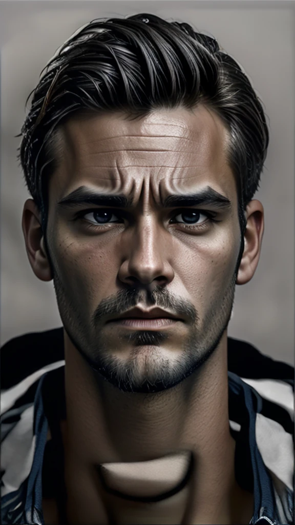 A close-up image of a serious-faced man, focusing solely on his face. The man should have short, rugged hair blending Viking and gladiator styles, and classical Greek features with a laurel wreath. His expression should be intense and contemplative, conveying strength and determination. Surrounding his face, dramatic thunderstorms and flashes of lightning should create a powerful and dynamic atmosphere. The background should be a stormy sky in deep blues and grays, with the lightning adding striking contrast to his serious expression