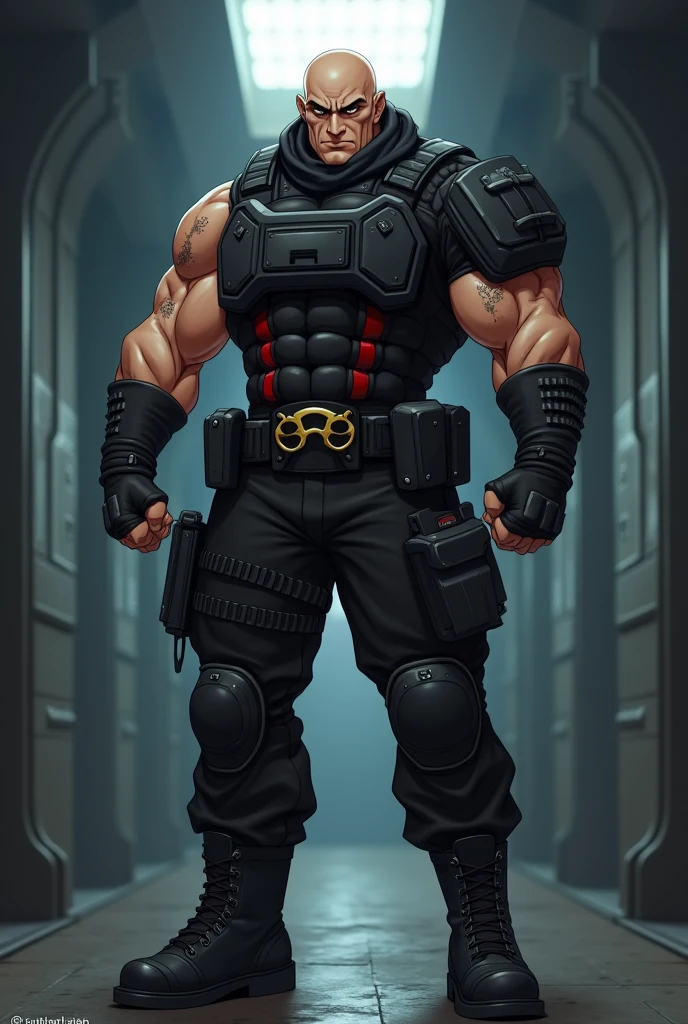 A man of tall stature and robust physique. Your body is muscular and well-defined. His face is square and strong, with a well-defined jawline. He has striking facial features, with a firm chin and prominent cheekbones. dark piercing eyes. baldie. Straight and strong nose, harmonizing with her facial features. Medium and well-defined lips, displaying a serious expression. Your skin is tanned. He has visible scars on his arms and face. She wears a body-hugging combat suit, made from a lightweight material, Flexible and durable. The suit is black with dark red details, designed to allow maximum mobility and discretion. Has hidden pockets and compartments for storing small tools and weapons. She wears black combat boots that reach halfway up her calf, with non-slip soles and reinforced tips for additional protection. black fingerless gloves, made from the same durable material as the suit, providing a better grip on his weapons and on surfaces. A black belt with several pockets and compartments to store smoke grenades, and other tactical equipment. He has a pair of custom brass knuckles, made of reinforced steel and with silver details. He carries the brass knuckles attached to his belt. Metal bracelets on the forearms. serious and focused expression. Hall in the background. anime styling.
