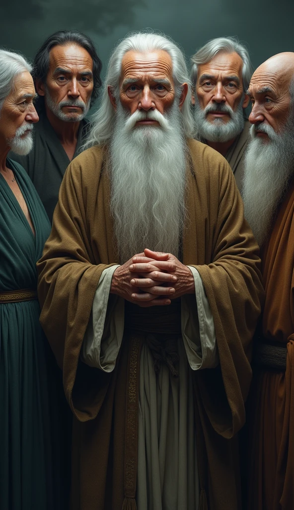 Seven wise elders, representing different ethnicities, are arranged in a harmonious semicircle. Three of these wise men are elderly women, while among men, one is black and the other is Asian. Their serene expressions reflect the deep wisdom acquired throughout their lives. At the center, a man with a mysterious and charming appearance stands out, his long, well-groomed white beard and his face marked by wrinkles that tell stories of vast knowledge. Her clear eyes emanate an almost mystical serenity, as if they were hiding the secrets of the universe. All are dressed in simple robes, mas elegantes, that accentuate its aura of mystery and wisdom. The background is enigmatic, evoking an atmosphere of mystery and depth, suggesting a place where ancestral knowledge is carefully preserved and transmitted.

Remember that there should be seven characters
