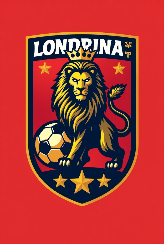 Create a soccer team shield with the Lion of Judah, add a soccer ball, add red color with stars of the city of Londrina, Paraná. Add the name Londrina City to the logo.