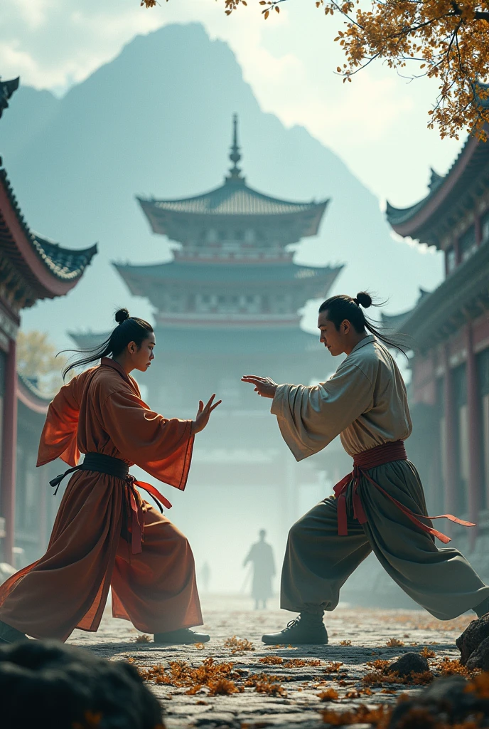 Wong fei hung fighting against a kung Fu master. Tong long style. In the background the scenery of a shaolin temple in the mountains. This image should be like the cover of an RPG book. Make it more realistic.