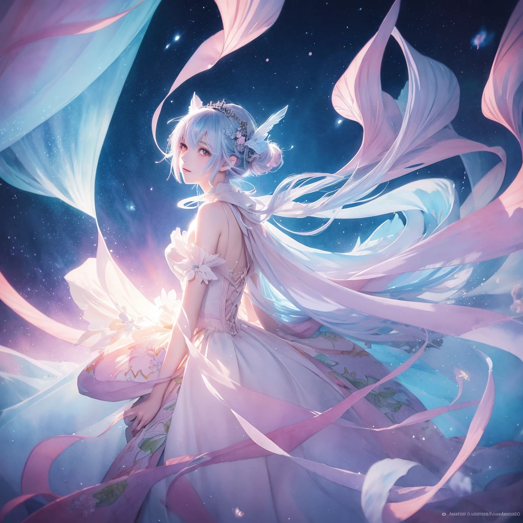 perfectly structured, (watercolor), digital illustration, anime style, the mysterious princess of darkness, highly detailed, volumetric lighting, kawaii pastel colors, dynamic composition, sharp and crisp image, (delicate, sublime:1.2), beautiful beyond words,
