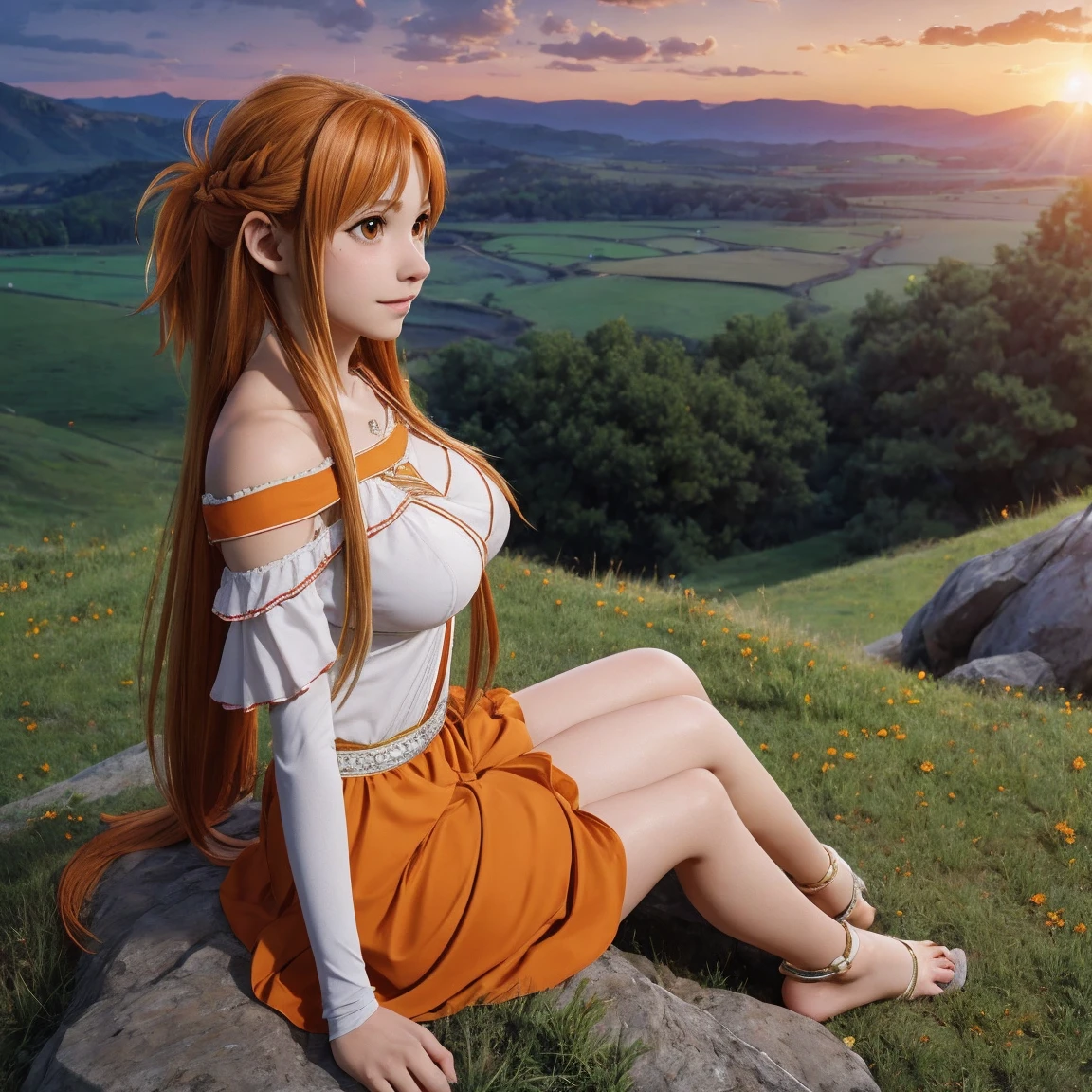 score_9, score_8_up, score_7_up, score_6_up, uncensored, Asuna Yuuki long hair, orange hair, fold hair, braid, orange eyes, breasts, epic art, fantasy, 1girl, grass, solo, barefoot, sitting, breasts, mountain, sunset, dress, bare_shoulders, outdoors, looking_at_viewer, off_shoulder, field, sky, lake, collarbone, mountainous_horizon, indian_style, twilight, tree, black_dress, large_breasts, scenery, medium_breasts, feet, off-shoulder_dress, (bokeh:1.3), rock, 