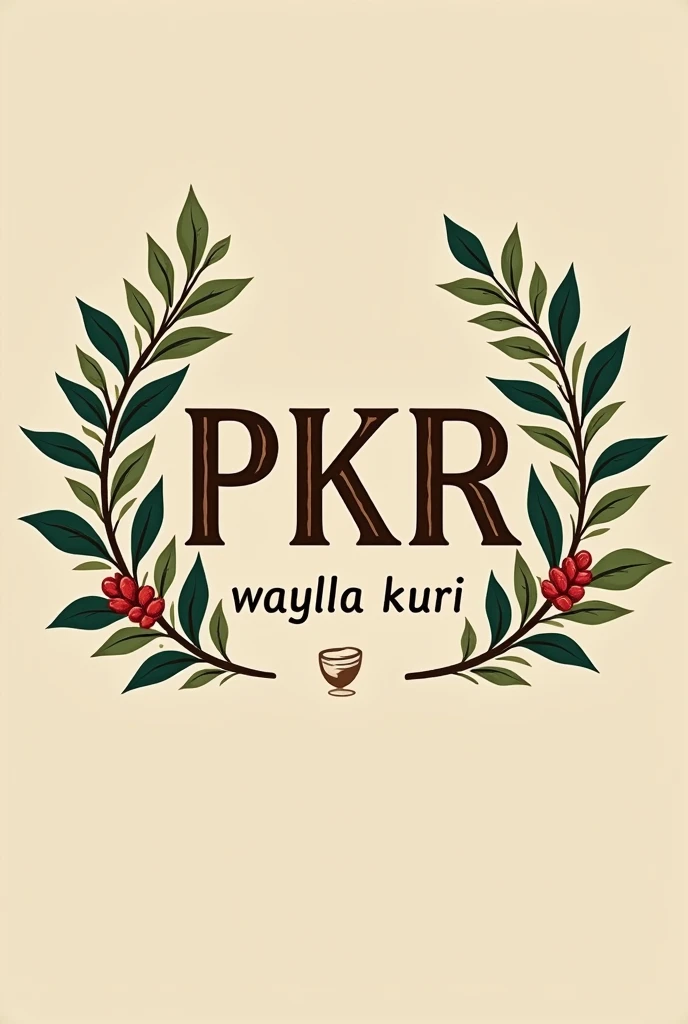 Logo that says PKR and waylla kuri with coffee branches to place on a wall