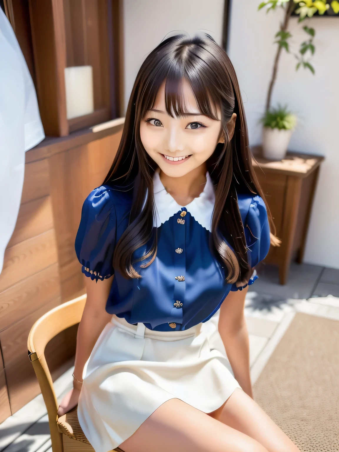 There is a young woman sitting on a chair indoors., Silk blouse and white mini skirt, realistic young gravure idol, Portrait of a Japan teenager, Young and cute gravure idol, A young gravure idol wearing a silk blouse, Young Japan woman, Young and pretty Asian face, A young Asian woman wearing a white mini skirt., Face that faithfully reproduces the face of LoRA, High resolution, Very detailed, Natural Bangs, highest quality