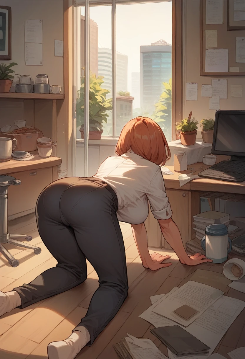 Women on all fours at different angles, background: kitchen, office, cafe, bed