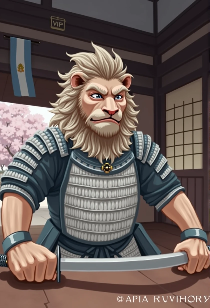 Samurai Lion in an Japanese dojo, modern art, hand-drawn, gray, blue and white colors, Lion warrior, traditional Japanese architecture, cherry blossom tree in bloom, intricate samurai armor, katana sword, focused expression, dynamic pose, detailed linework, soft pastel shades of blue, and lavender, artistic interpretation, ArtStation. Whit the big argentina flag and with a big sign that says ViP