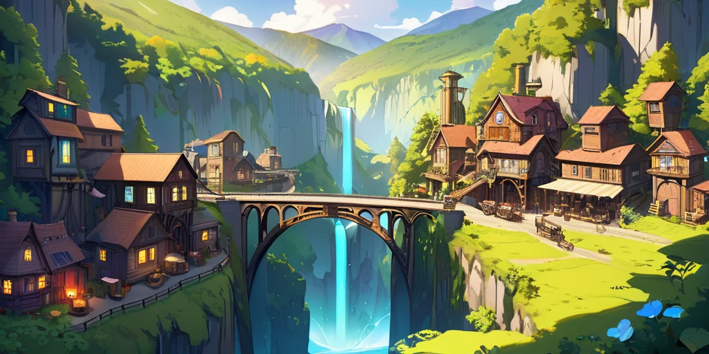 Dessinez une affiche d'anime lofi, village, canyon, Décoration Steampunk, Cascade, Lumière, forêt, une belle palette de couleurs en verre brun, couleurs saturées vibrantes, ouvrages d&#39;art, aucun humain, les jours, thème animé