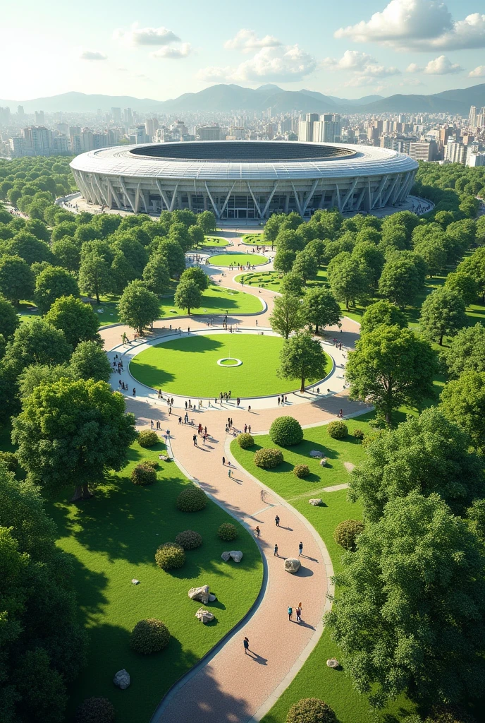 Parks and squares have been created around the stadium., providing recreational areas for all ages. These green spaces also act as urban lungs., improving air quality and reducing the temperature of the area.