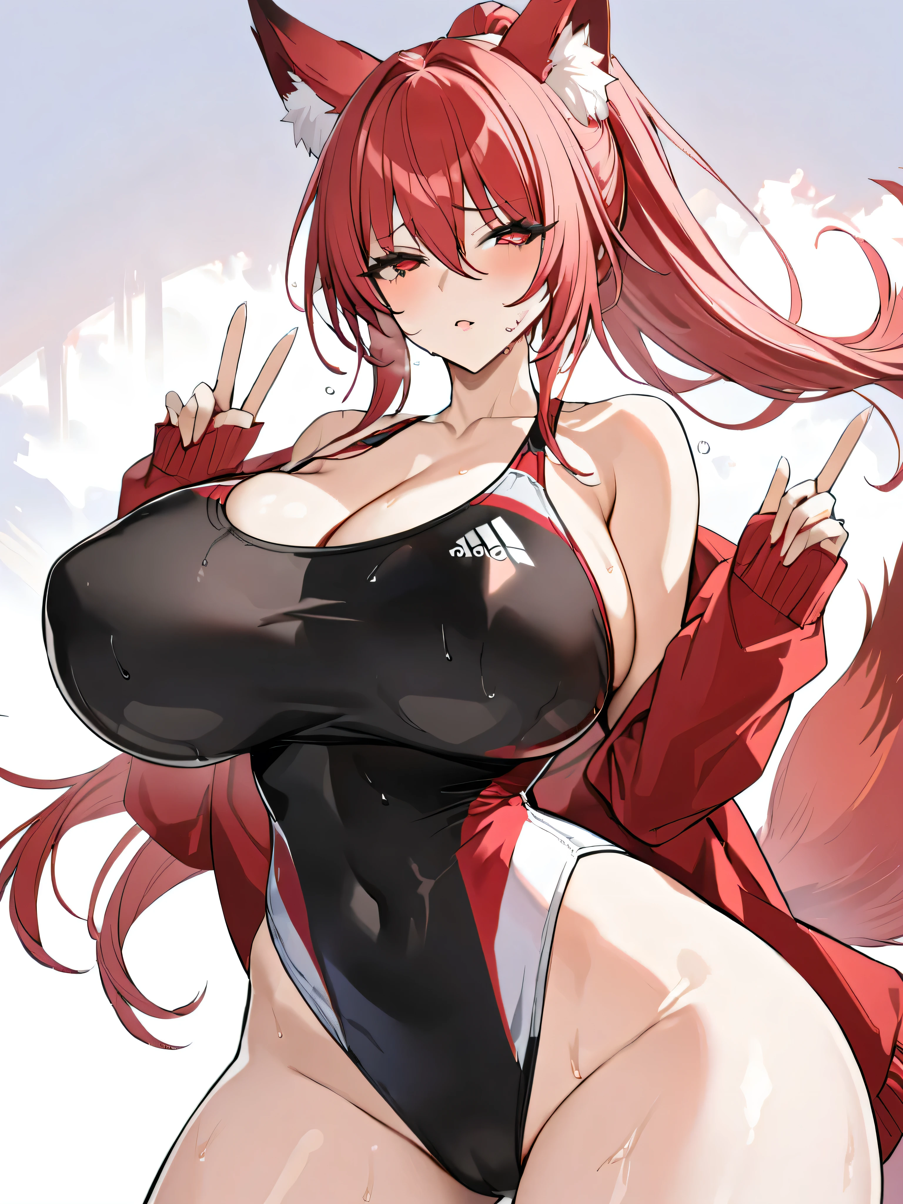 8K Highest Quality Masterpiece Red Long Ponytail Red Fox Ears Nine Fox Tails Very Large Red Jacket Red Eye Bags Under Lower Eyelids 5 Fingers Racing Swimsuit