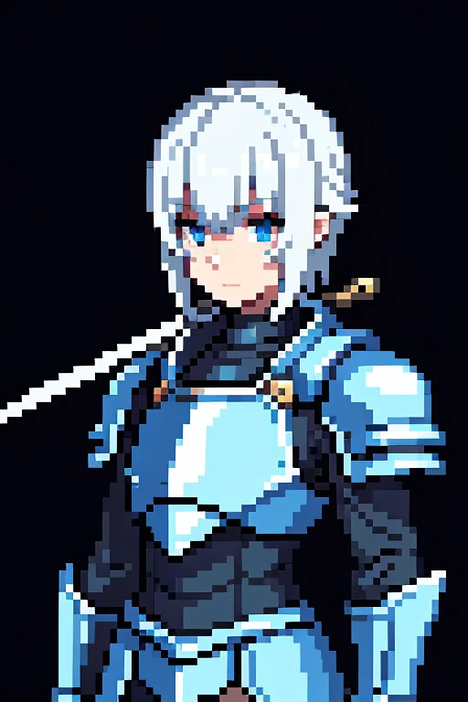 White-scaled Draconato, paladin, without helmet, facing the front, looking straight ahead, with a sword in the back, wearing blue armor in a random setting