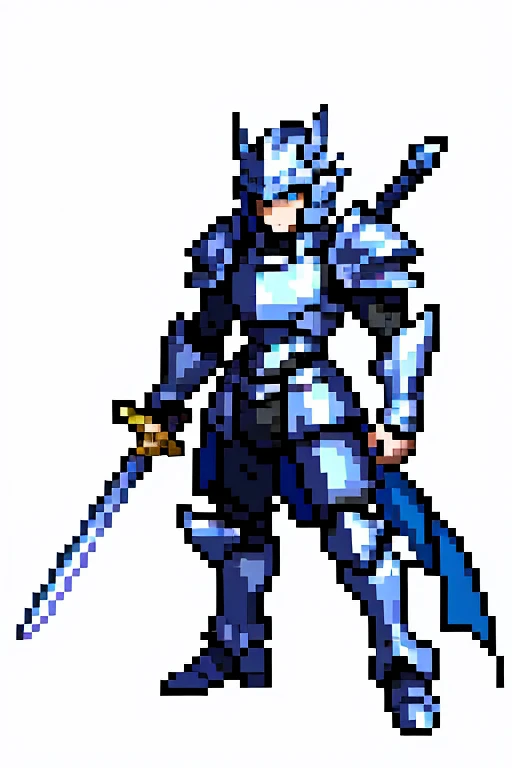 White-scaled Draconato, paladin, without helmet, facing the front, looking straight ahead, with a sword in the back, wearing blue armor in a random setting