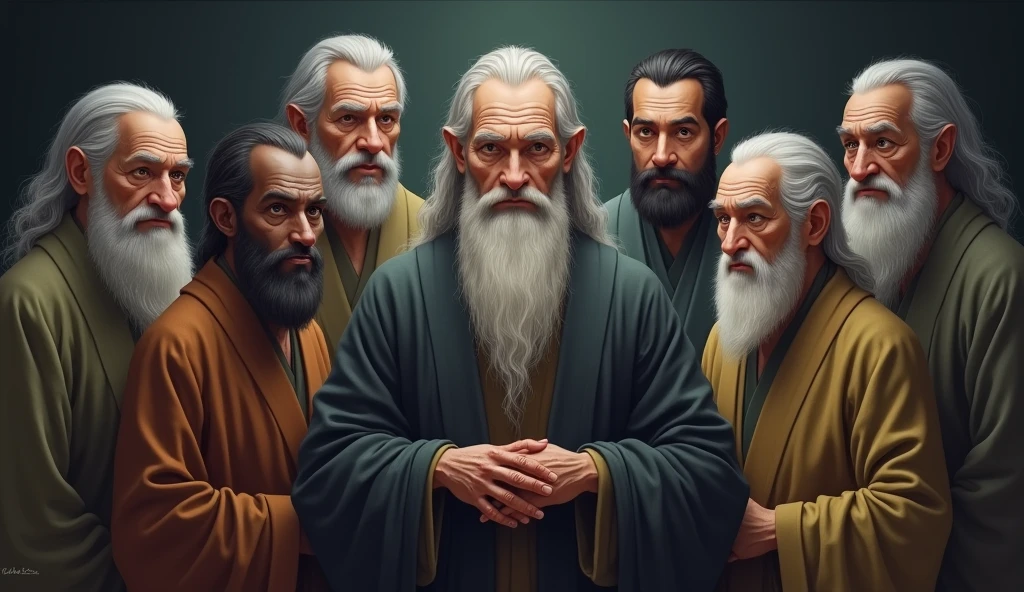 Seven wise elders, representing different ethnicities, are arranged in a harmonious semicircle. Three of these wise men are elderly women, while among men, one is black and the other is Asian. Their serene expressions reflect the deep wisdom acquired throughout their lives. At the center, a man with a mysterious and charming appearance stands out, his long, well-groomed white beard and his face marked by wrinkles that tell stories of vast knowledge. Her clear eyes emanate an almost mystical serenity, as if they were hiding the secrets of the universe. All are dressed in simple robes, mas elegantes, that accentuate its aura of mystery and wisdom. The background is enigmatic, evoking an atmosphere of mystery and depth, suggesting a place where ancestral knowledge is carefully preserved and transmitted.

Remember that there should be seven characters
