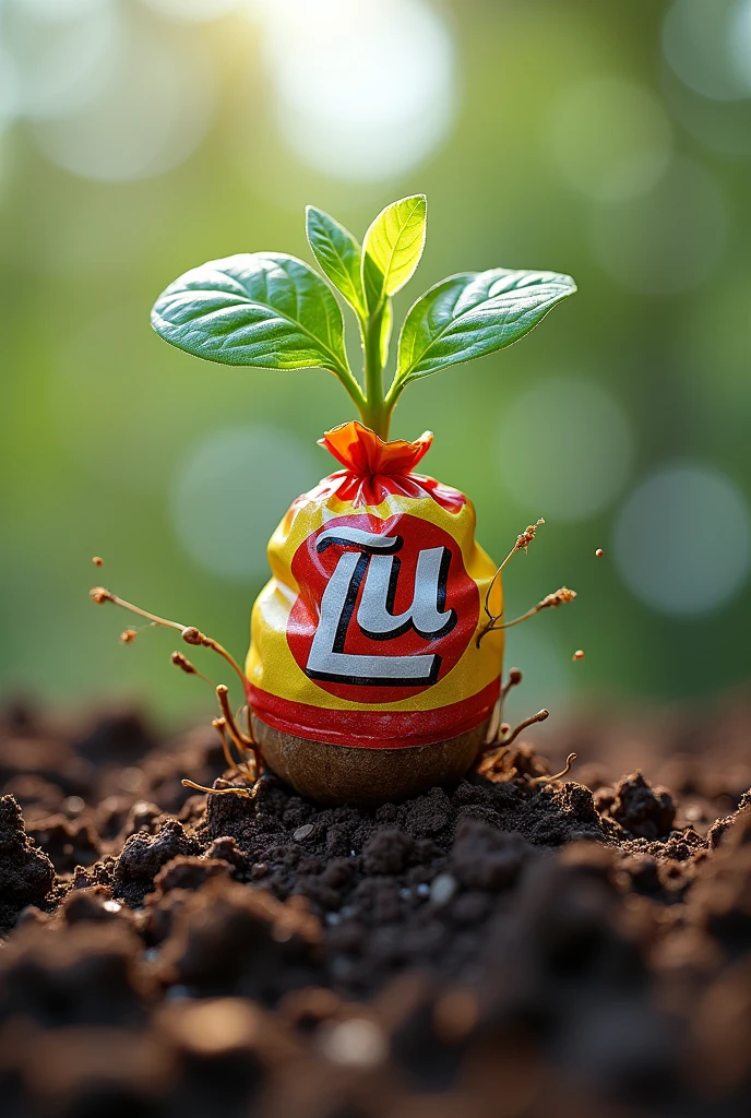 A logo where there is a candy wrapper germinating,