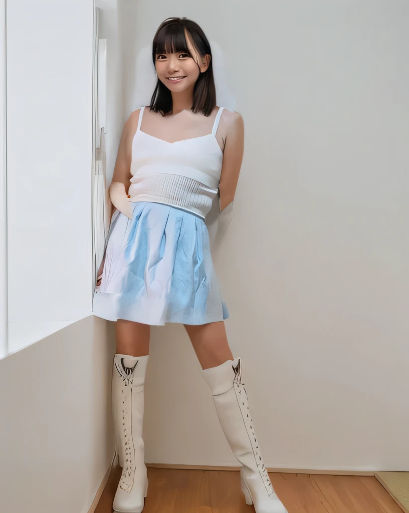 Super detailed,Highest quality,1 female,Standing in a room with white walls, looking at you.,illuminated by sunlight from the window,Posing for a photo,Wearing white boots,The background is blurred