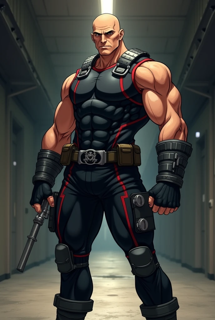A man of tall stature and robust physique. Your body is muscular and well-defined. His face is square and strong, with a well-defined jawline. He has striking facial features, with a firm chin and prominent cheekbones. dark piercing eyes. baldie. Straight and strong nose, harmonizing with her facial features. Medium and well-defined lips, displaying a serious expression. Your skin is tanned. He has visible scars on his arms and face. She wears a body-hugging combat suit, made from a lightweight material, Flexible and durable. The suit is black with dark red details, designed to allow maximum mobility and discretion. Has hidden pockets and compartments for storing small tools and weapons. She wears black combat boots that reach halfway up her calf, with non-slip soles and reinforced tips for additional protection. black fingerless gloves, made from the same durable material as the suit, providing a better grip on his weapons and on surfaces. A black belt with several pockets and compartments to store smoke grenades, and other tactical equipment. He has a pair of custom brass knuckles, made of reinforced steel and with silver details. He carries the brass knuckles attached to his belt. Metal bracelets on the forearms. serious and focused expression. Hall in the background. anime styling.