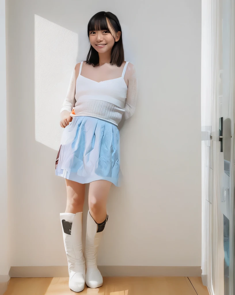 Super detailed,Highest quality,1 female,Standing in a room with white walls, looking at you.,illuminated by sunlight from the window,Posing for a photo,Wearing white boots,The background is blurred