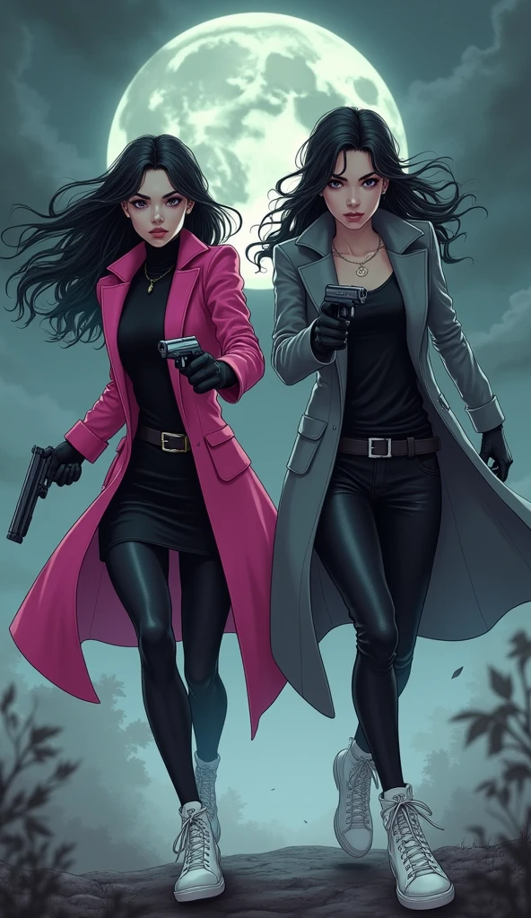 (Two young womens, long black hairs, yuri, Vampire Hunters

The first young women black eyes wear a pink long coat, black shirt, black pencil skirt, black underpants, black tights, black gloves, white sneakers high top.

The second young women black eyes wore a grey long coat, black shirt, black pencil skirt, black underpants, black tights, black gloves, white sneakers high top.

holding a pistol handguns, running, black grey sky, fantastic night sky, moon, cartoon novel, 4K, HD