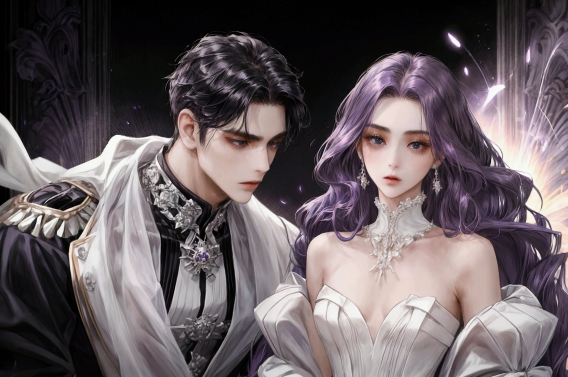 a woman with long purple hair, no chest and no curves with a white dress with several layers, her expression is empty. behind her is a man with black hair, black eyes and white skin, he is strong and wears a black and white outfit, he has a feminine face and she has a masculine but small face.