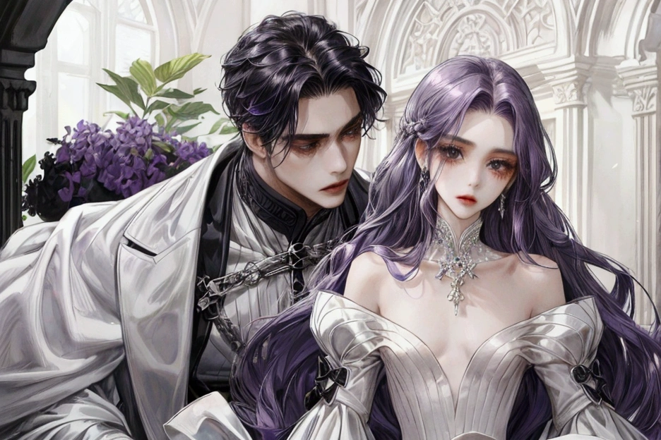 a woman with long purple hair, no chest and no curves with a white dress with several layers, her expression is empty. behind her is a man with black hair, black eyes and white skin, he is strong and wears a black and white outfit, he has a feminine face and she has a masculine but small face.