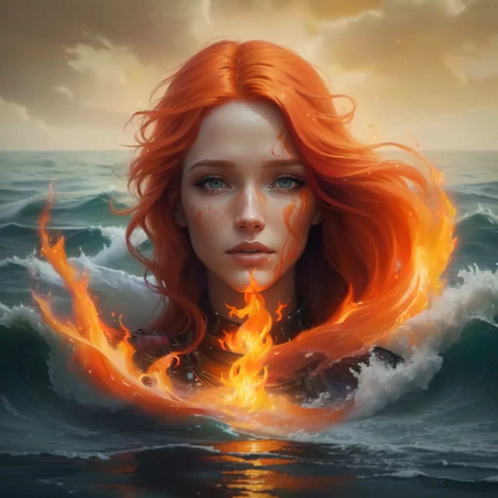 a painting of a woman with red hair and a flame in the water, burning ocean, hyperrealistic fantasy art, graphic artist magali villeneuve, realistic fantasy artwork, goddess of fire, fire and water, realistic fantasy painting, by Alexander Kucharsky, flames surround her, magali villeneuve', amazing art, ocean of canvas catching fire rage in eyes